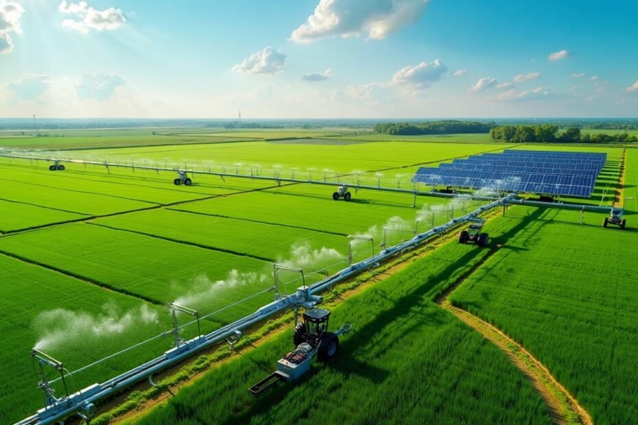 Sistema de irrigação solar em campo verde